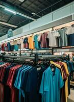 Row of fashionable polo t-shirts for man on wooden hanger or rack in a clothing boutique retail shop concept by AI Generated photo