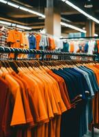 Row of fashionable polo t-shirts for man on wooden hanger or rack in a clothing boutique retail shop concept by AI Generated photo