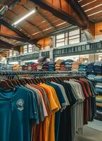 fila de de moda polo camisetas para hombre en de madera percha o estante en un ropa boutique Al por menor tienda concepto por ai generado foto