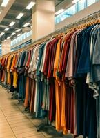 Row of fashionable polo t-shirts for man on wooden hanger or rack in a clothing boutique retail shop concept by AI Generated photo