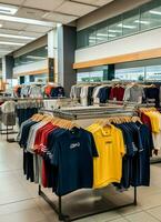 Row of fashionable polo t-shirts for man on wooden hanger or rack in a clothing boutique retail shop concept by AI Generated photo