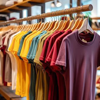 fila de de moda polo camisetas para hombre en de madera percha o estante en un ropa boutique Al por menor tienda concepto por ai generado foto