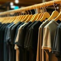 Row of fashionable polo t-shirts for man on wooden hanger or rack in a clothing boutique retail shop concept by AI Generated photo