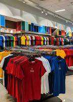 fila de de moda polo camisetas para hombre en de madera percha o estante en un ropa boutique Al por menor tienda concepto por ai generado foto