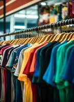 Row of fashionable polo t-shirts for man on wooden hanger or rack in a clothing boutique retail shop concept by AI Generated photo