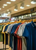 Row of fashionable polo t-shirts for man on wooden hanger or rack in a clothing boutique retail shop concept by AI Generated photo