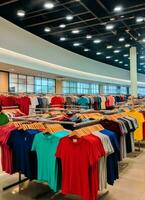 fila de de moda polo camisetas para hombre en de madera percha o estante en un ropa boutique Al por menor tienda concepto por ai generado foto