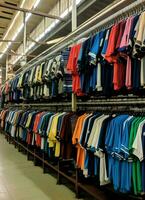 Row of fashionable polo t-shirts for man on wooden hanger or rack in a clothing boutique retail shop concept by AI Generated photo