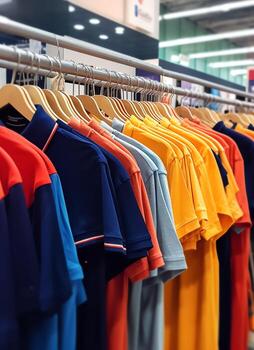 fila de de moda polo camisetas para hombre en de madera percha o estante en un ropa boutique Al por menor tienda concepto por ai generado foto