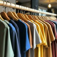 Row of fashionable polo t-shirts for man on wooden hanger or rack in a clothing boutique retail shop concept by AI Generated photo