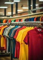 Row of fashionable polo t-shirts for man on wooden hanger or rack in a clothing boutique retail shop concept by AI Generated photo