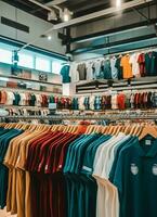 Row of fashionable polo t-shirts for man on wooden hanger or rack in a clothing boutique retail shop concept by AI Generated photo