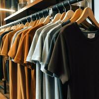 Row of fashionable polo t-shirts for man on wooden hanger or rack in a clothing boutique retail shop concept by AI Generated photo