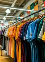 Row of fashionable polo t-shirts for man on wooden hanger or rack in a clothing boutique retail shop concept by AI Generated photo