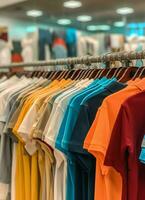 Row of fashionable polo t-shirts for man on wooden hanger or rack in a clothing boutique retail shop concept by AI Generated photo