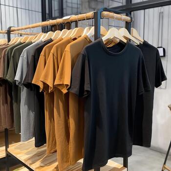 fila de de moda polo camisetas para hombre en de madera percha o estante en un ropa boutique Al por menor tienda concepto por ai generado foto