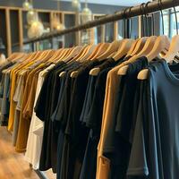 Row of fashionable polo t-shirts for man on wooden hanger or rack in a clothing boutique retail shop concept by AI Generated photo