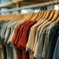 Row of fashionable polo t-shirts for man on wooden hanger or rack in a clothing boutique retail shop concept by AI Generated photo