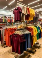 Row of fashionable polo t-shirts for man on wooden hanger or rack in a clothing boutique retail shop concept by AI Generated photo