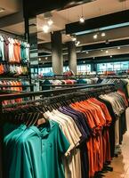 Row of fashionable polo t-shirts for man on wooden hanger or rack in a clothing boutique retail shop concept by AI Generated photo