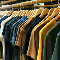 Row of fashionable polo t-shirts for man on wooden hanger or rack in a clothing boutique retail shop concept by AI Generated photo