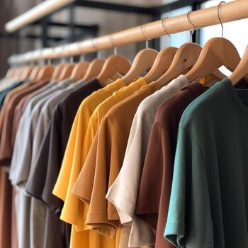 fila de de moda polo camisetas para hombre en de madera percha o estante en un ropa boutique Al por menor tienda concepto por ai generado foto