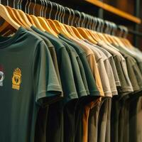 Row of fashionable polo t-shirts for man on wooden hanger or rack in a clothing boutique retail shop concept by AI Generated photo