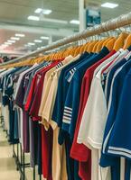 Row of fashionable polo t-shirts for man on wooden hanger or rack in a clothing boutique retail shop concept by AI Generated photo