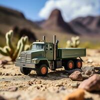 Conceptual Photo Picture of a toy truck in the dry desert, Generative ai