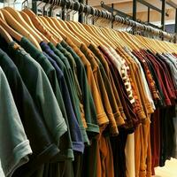 Row of fashionable polo t-shirts for man on wooden hanger or rack in a clothing boutique retail shop concept by AI Generated photo