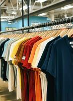 Row of fashionable polo t-shirts for man on wooden hanger or rack in a clothing boutique retail shop concept by AI Generated photo