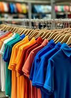 fila de de moda polo camisetas para hombre en de madera percha o estante en un ropa boutique Al por menor tienda concepto por ai generado foto