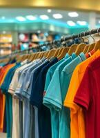 Row of fashionable polo t-shirts for man on wooden hanger or rack in a clothing boutique retail shop concept by AI Generated photo