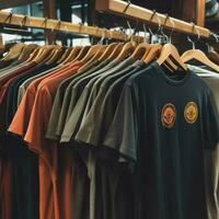 Row of fashionable polo t-shirts for man on wooden hanger or rack in a clothing boutique retail shop concept by AI Generated photo