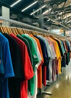 Row of fashionable polo t-shirts for man on wooden hanger or rack in a clothing boutique retail shop concept by AI Generated photo