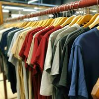 Row of fashionable polo t-shirts for man on wooden hanger or rack in a clothing boutique retail shop concept by AI Generated photo