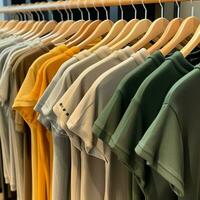 Row of fashionable polo t-shirts for man on wooden hanger or rack in a clothing boutique retail shop concept by AI Generated photo