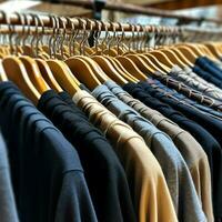 Row of fashionable polo t-shirts for man on wooden hanger or rack in a clothing boutique retail shop concept by AI Generated photo