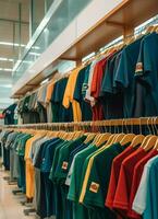 Row of fashionable polo t-shirts for man on wooden hanger or rack in a clothing boutique retail shop concept by AI Generated photo