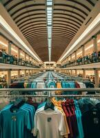 Row of fashionable polo t-shirts for man on wooden hanger or rack in a clothing boutique retail shop concept by AI Generated photo