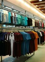 Row of fashionable polo t-shirts for man on wooden hanger or rack in a clothing boutique retail shop concept by AI Generated photo