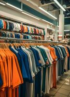 Row of fashionable polo t-shirts for man on wooden hanger or rack in a clothing boutique retail shop concept by AI Generated photo