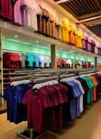 Row of fashionable polo t-shirts for man on wooden hanger or rack in a clothing boutique retail shop concept by AI Generated photo