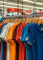 Row of fashionable polo t-shirts for man on wooden hanger or rack in a clothing boutique retail shop concept by AI Generated photo