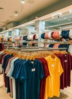 Row of fashionable polo t-shirts for man on wooden hanger or rack in a clothing boutique retail shop concept by AI Generated photo