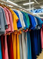 Row of fashionable polo t-shirts for man on wooden hanger or rack in a clothing boutique retail shop concept by AI Generated photo