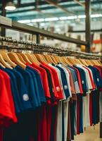 Row of fashionable polo t-shirts for man on wooden hanger or rack in a clothing boutique retail shop concept by AI Generated photo