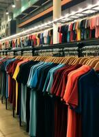 fila de de moda polo camisetas para hombre en de madera percha o estante en un ropa boutique Al por menor tienda concepto por ai generado foto