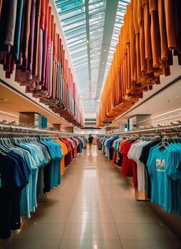 fila de de moda polo camisetas para hombre en de madera percha o estante en un ropa boutique Al por menor tienda concepto por ai generado foto