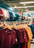 Row of fashionable polo t-shirts for man on wooden hanger or rack in a clothing boutique retail shop concept by AI Generated photo